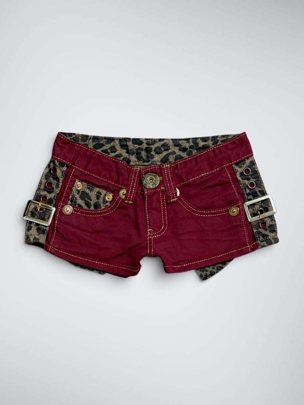 Archival VTG D.I.A. Burgundy w/ Leopard Accent Low Rise Micro Mini Shorts Side G